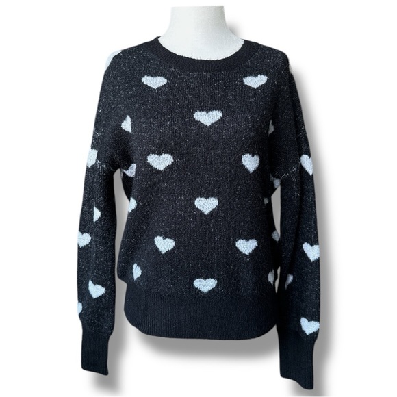 RW&CO. Black and White Crew Neck Sweater with Heart Pattern - Picture 1 of 10